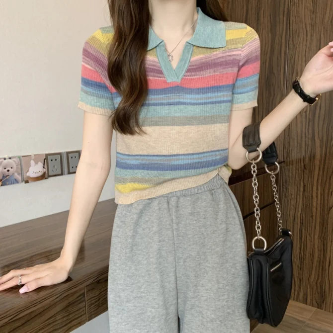 

Rainbow Stripe Short Sleeve Women's Summer Polo Neck Knitted Top