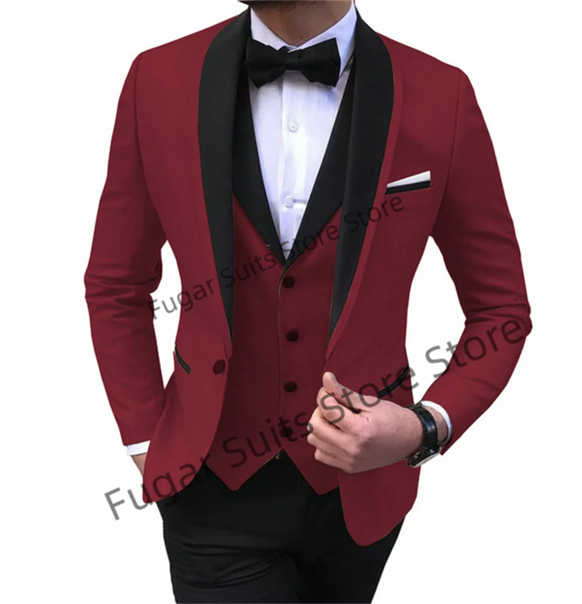 

Classic Wedding Mens Suits Slim Fit Shawl Lapel Groom Tuxedos 3 Pieces Hight Quality Red Blazer+Black Pants Costume Homme
