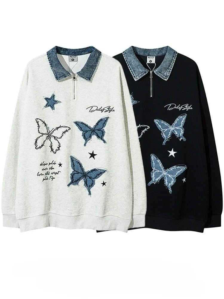 Американский джинсовый свитшот с нашивкой-бабочкой и вышивкой на полумолнии