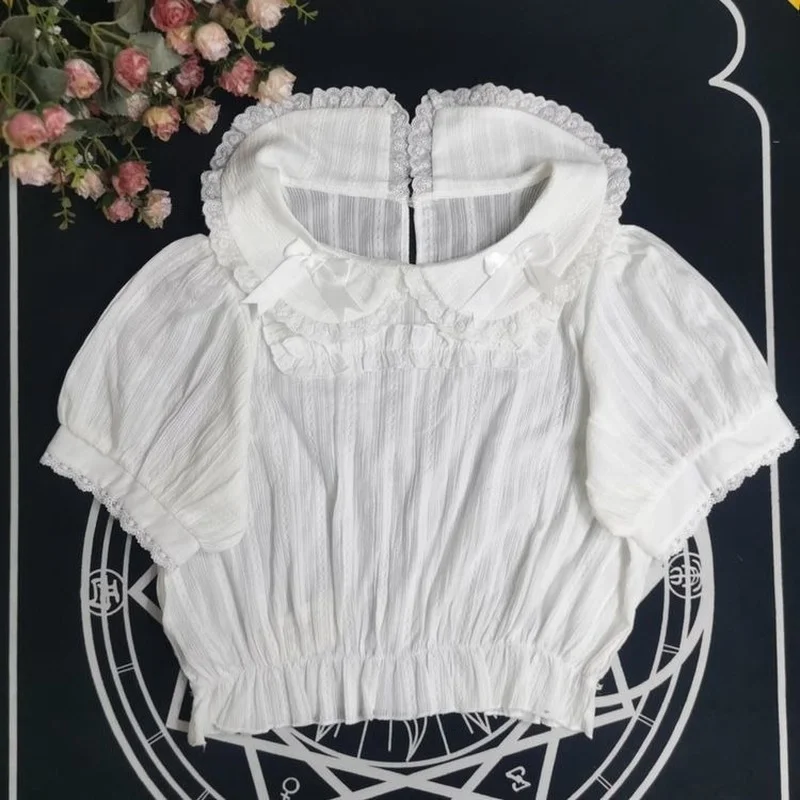 

Lolita Shirt White Lace Puff Sleeve Blouse Female Doll Collar Bow Lace Short Sleeve Soft Girls Top Kawaii Fashion 2022
