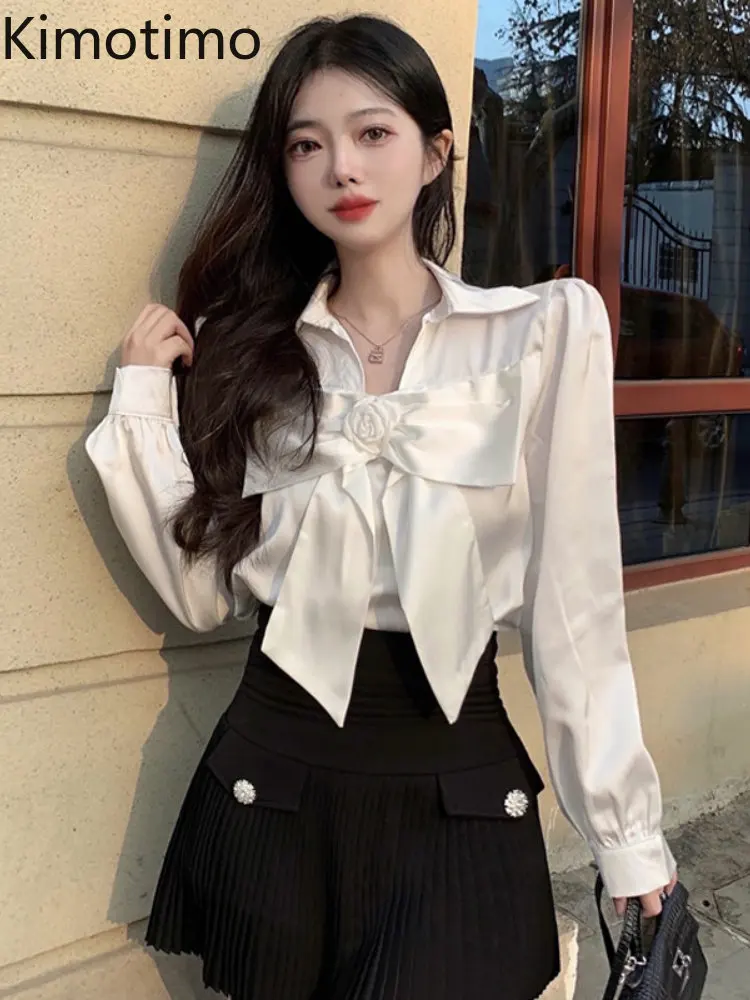 

Kimotimo, французские шикарные рубашки с бантом, женские белые облегающие топы с лацканами и длинным рукавом, весна 2023, Элегантная универсальна...