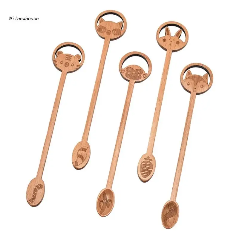 

F63A 5pcs Japanese Style Wooden Spoons Long Handle Cartoon Soup Spoons for Eating Mixing Stirring Dessert Honey Coffee Spoon