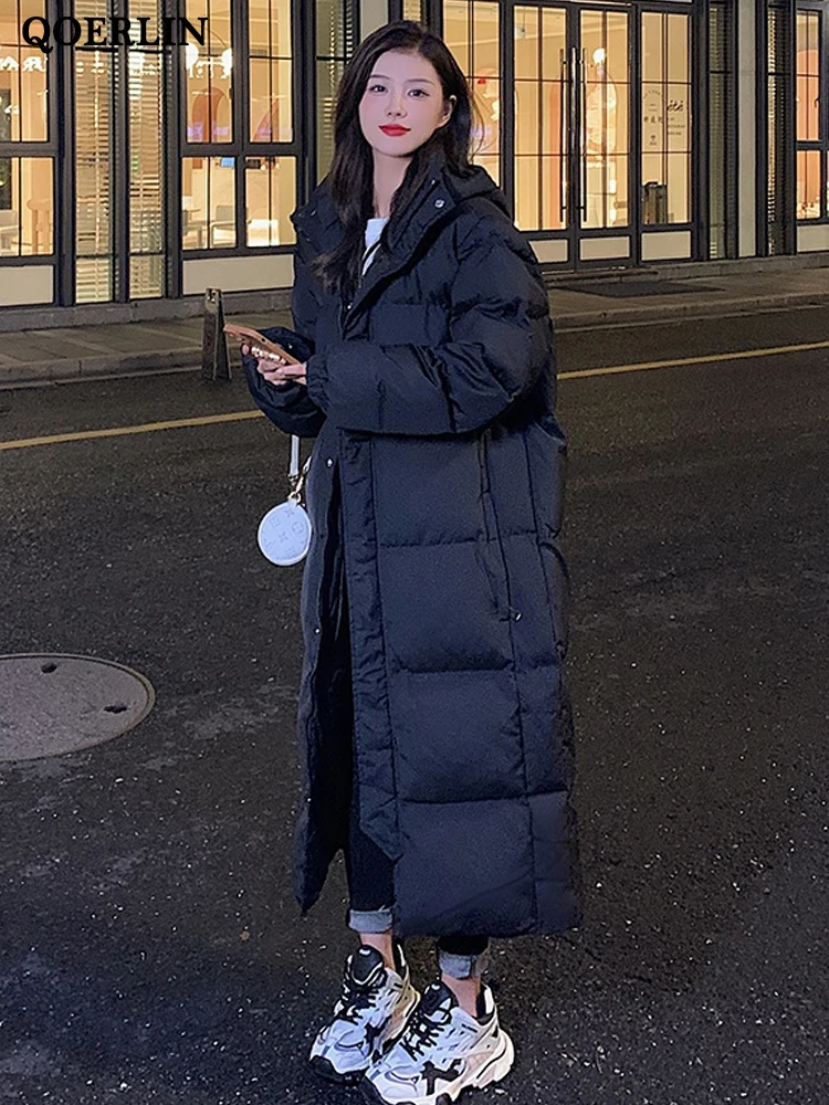 QOERLIN Warm Women's Winter Parkas with Hooded 2022 Oversize Straight Thick Button Casual Cotton Padded Coat Soft White Jacket