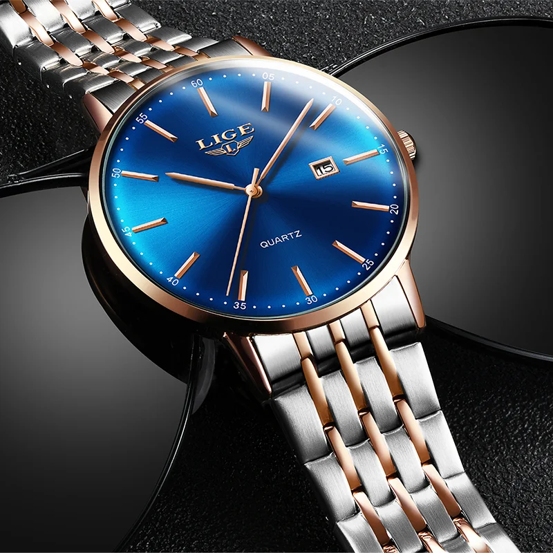 Часы наручные LIGE Мужские кварцевые брендовые Роскошные модные ультратонкие