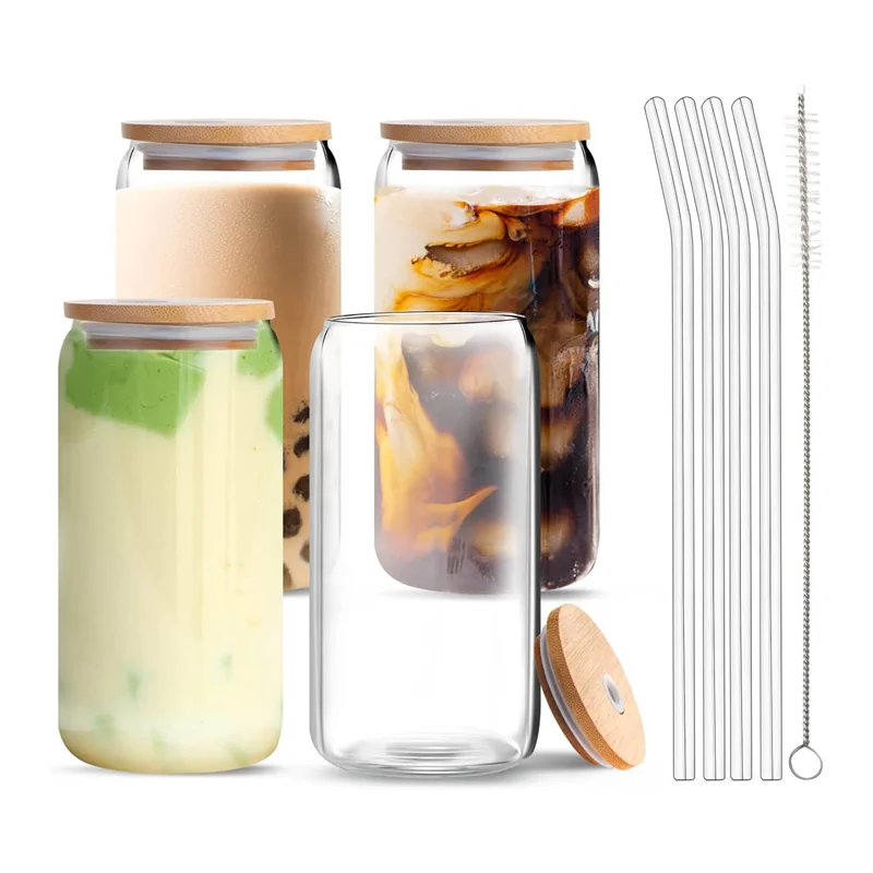 

Beer Can Glass with Bamboo Lids and Glass Straws,4 Pack 16Oz Drinking Glasses with Lids and Straws,Can Shaped Glass Cups
