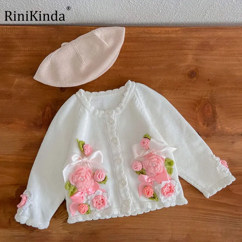

RiniKinda Winter Autumn Children Sweaters Kids Knitting Pullovers Tops Toddler Girls Floral Long Sleeve Baby Girl Sweaters Coat