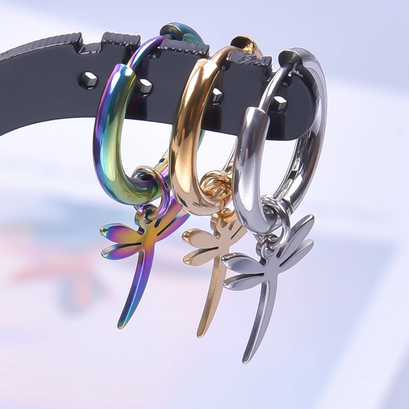 

Insect Dragonfly Charms Earrings For Women Men Jewelry Stainless Steel Hoop Boucle Femme Round Piercing Wedding Party Gift