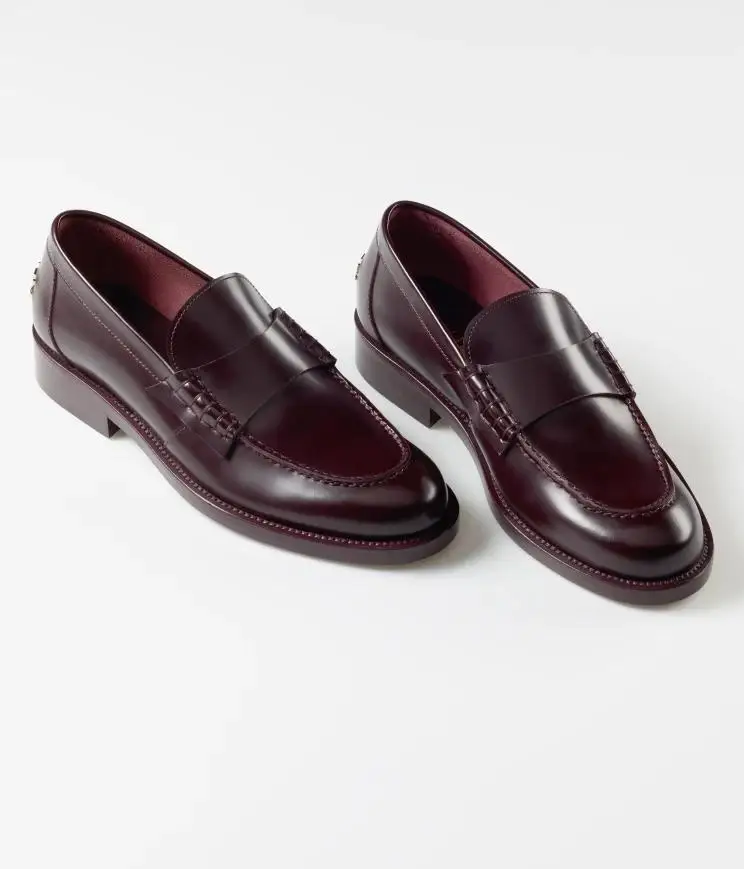 Paris Loafers Shiny Calfskin Burgundy Shoes Plain Block Heels Party Style Round Toe Casual Style