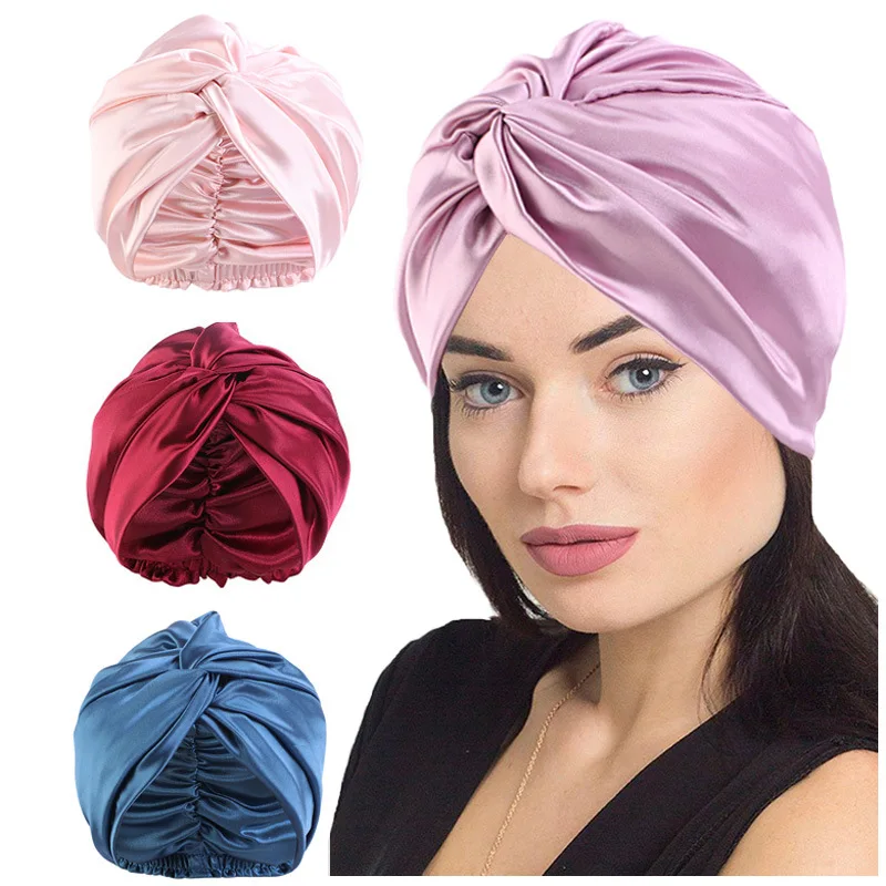

European and American Popular Imitation Silk Double-layer Nightcaps, Cross Twist Caps, Shower Caps, Beauty Makeup Hats