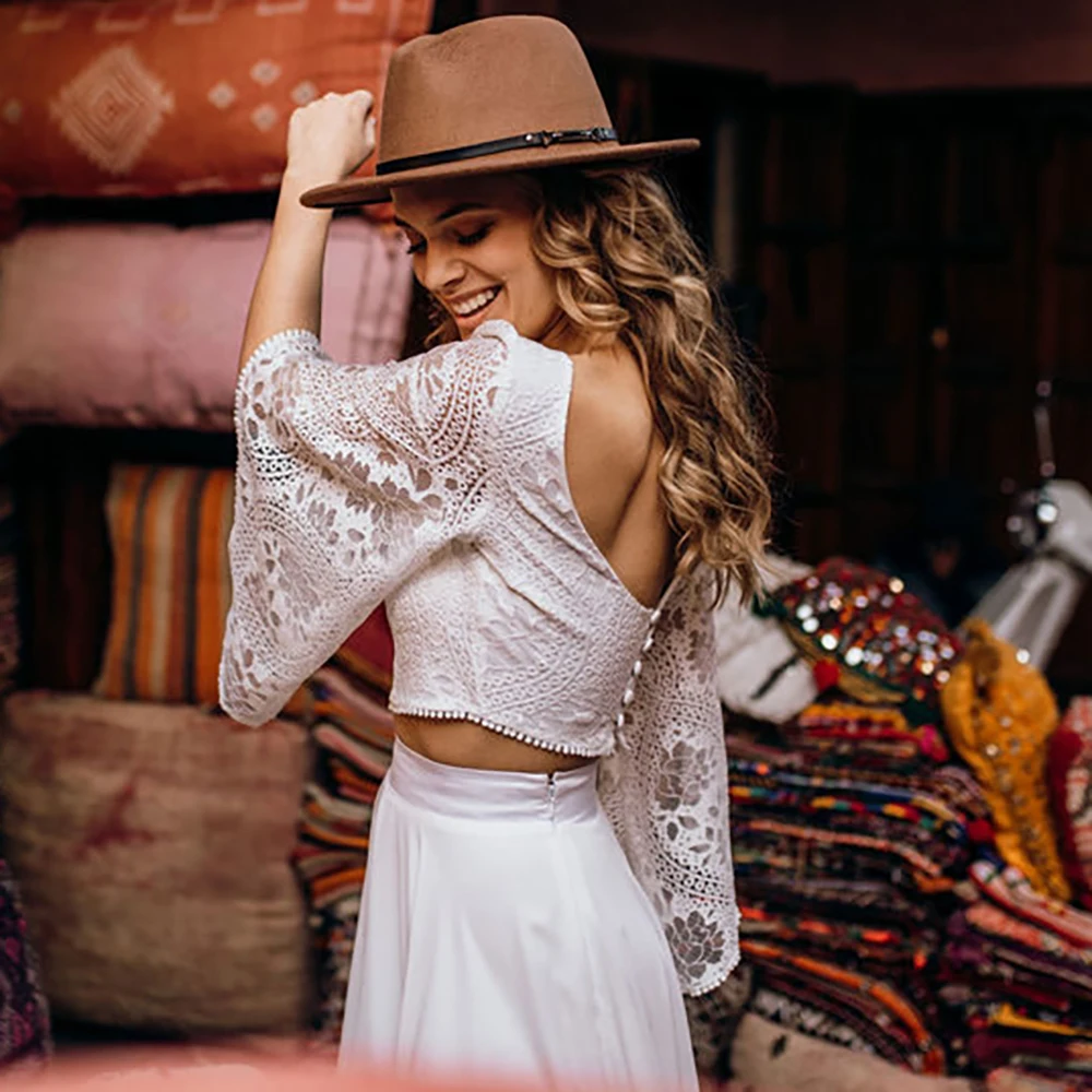 Фото Boho Две части 3/4 Рукава-колокольчики Свадебное платье Кружева Индивидуальная линия Шикарная шифоновая юбка Плюс Размер Совок сзади Пляжные свадебные платья №4