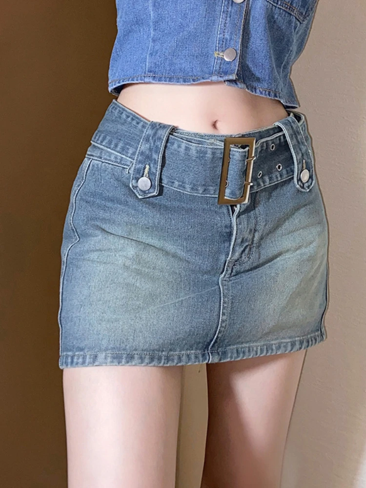 

Blue Jean Mini Skirts for Women Skinny Faldones Para Mujer Waist Belt Snap Casual Streetwear Jupe Femme Korean Fashion Clothing