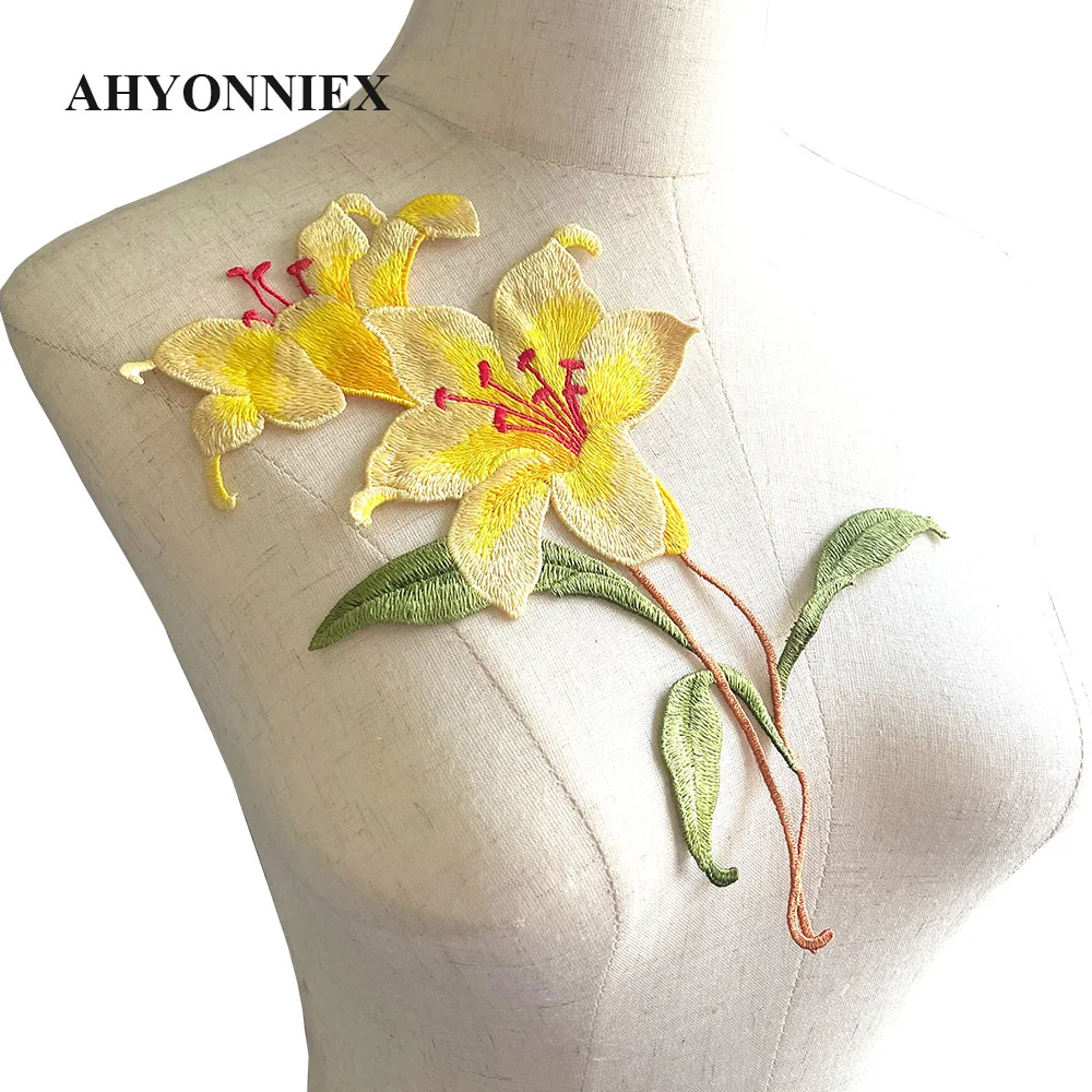 Цветочная вышивка Орхидея нашивка сделай сам с цветами розового и желтого цвета