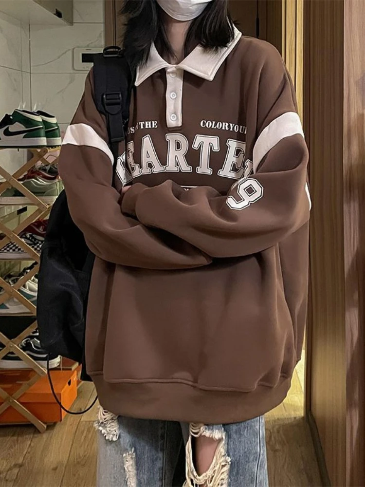 

Повседневная винтажная Толстовка HOUZHOU, толстовки большого размера с воротником-поло и надписью, женские топы с длинным рукавом в стиле преп...