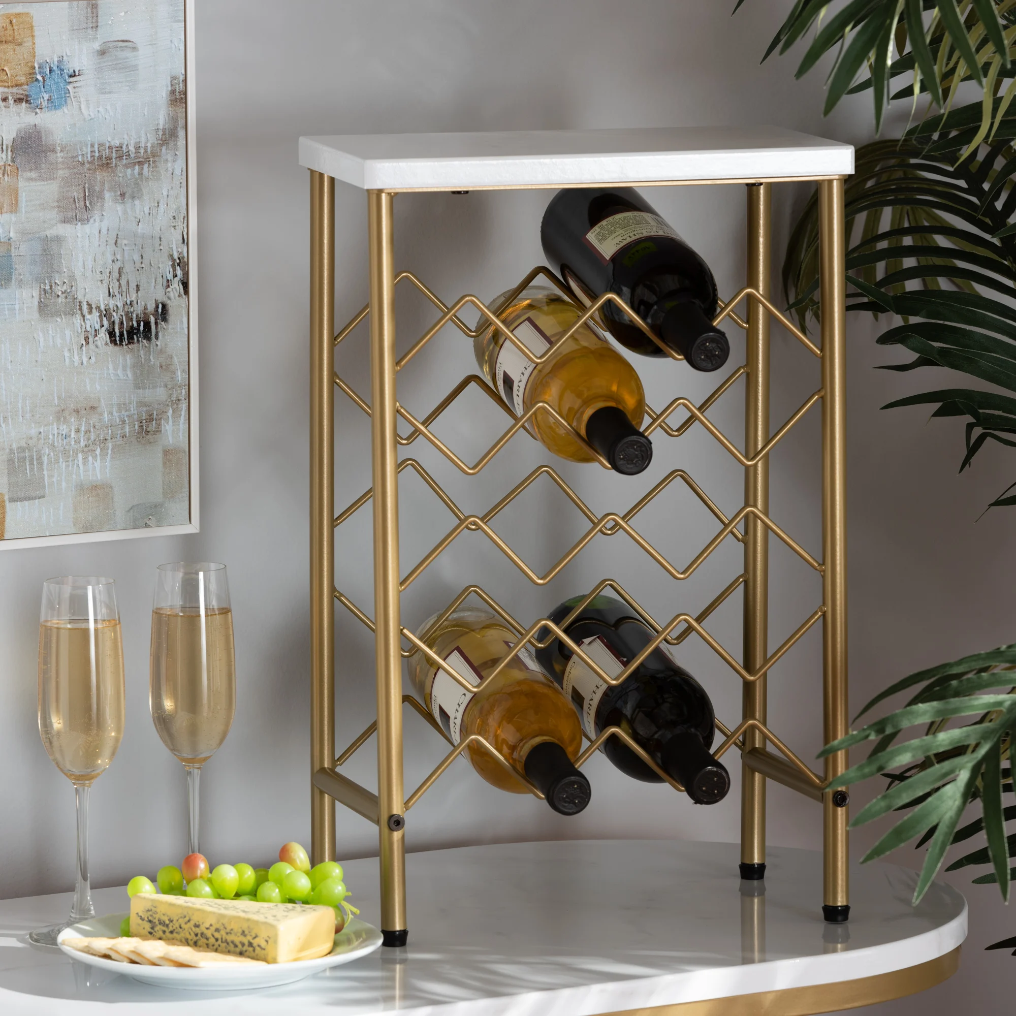 

Ramona Modern and Contemporary Gold Finished Metal Wine Rack With Faux Marble Tabletop
