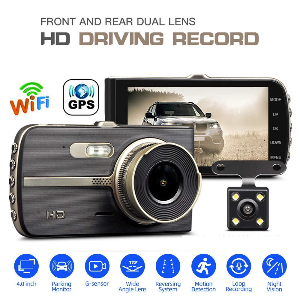 

Видеорегистратор автомобильный, Wi-Fi, 4,0 дюйма, Full HD, 1080P