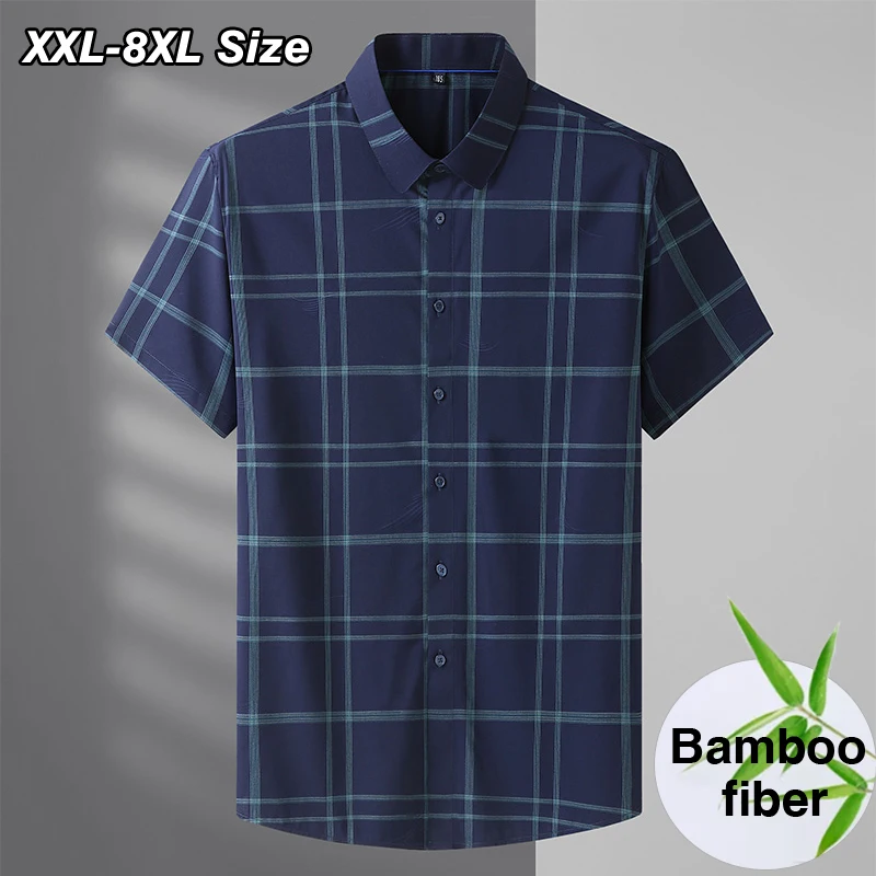 Plus Size Men's Bamboo Fiber Shirt Summer Short Sleeve Business Casual Plaid Luxury Dress Shirts Brand Clothing 6XL 7XL 8XL