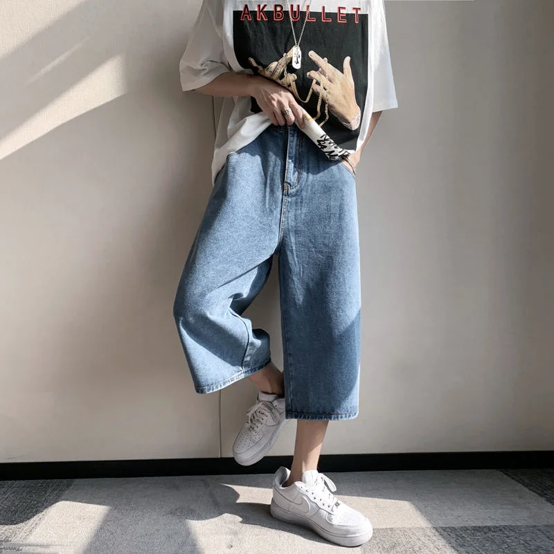 Summer Blue Cropped Jeans Men Fashion Casual Wide Leg Jeans Mens Streetwear Loose Hip Hop Straight Jeans Men Denim Shorts M-2XL