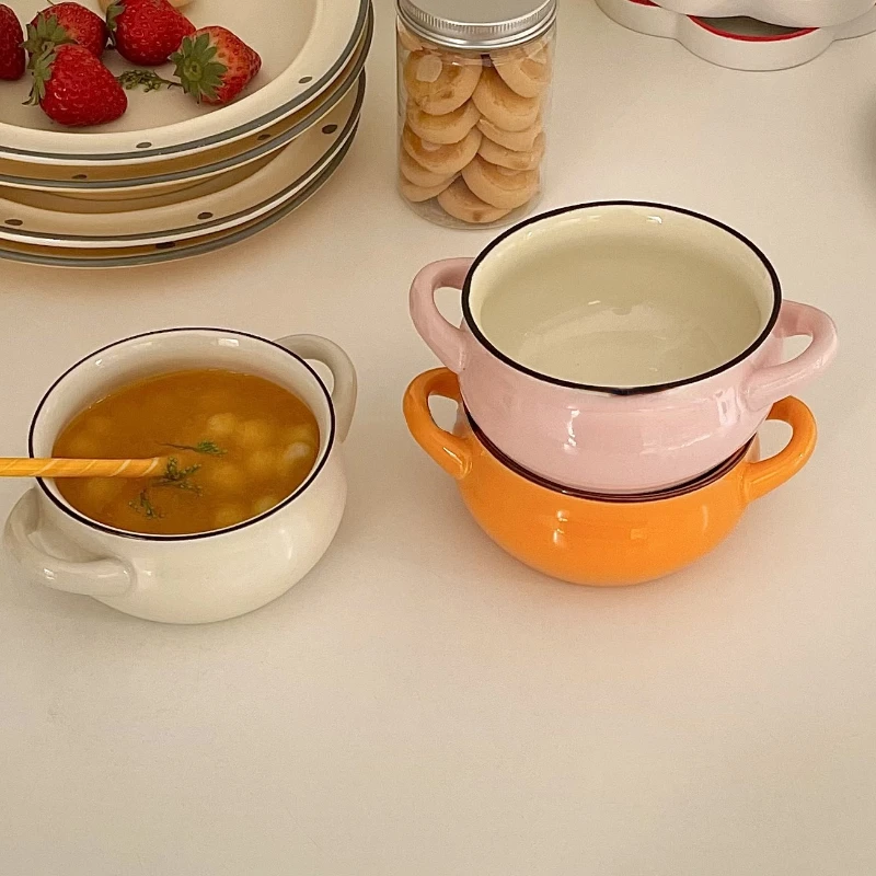 LadyCC Lovely Round Ceramic Bowl Double Ear Small Dessert Soup Cup Household Baking |