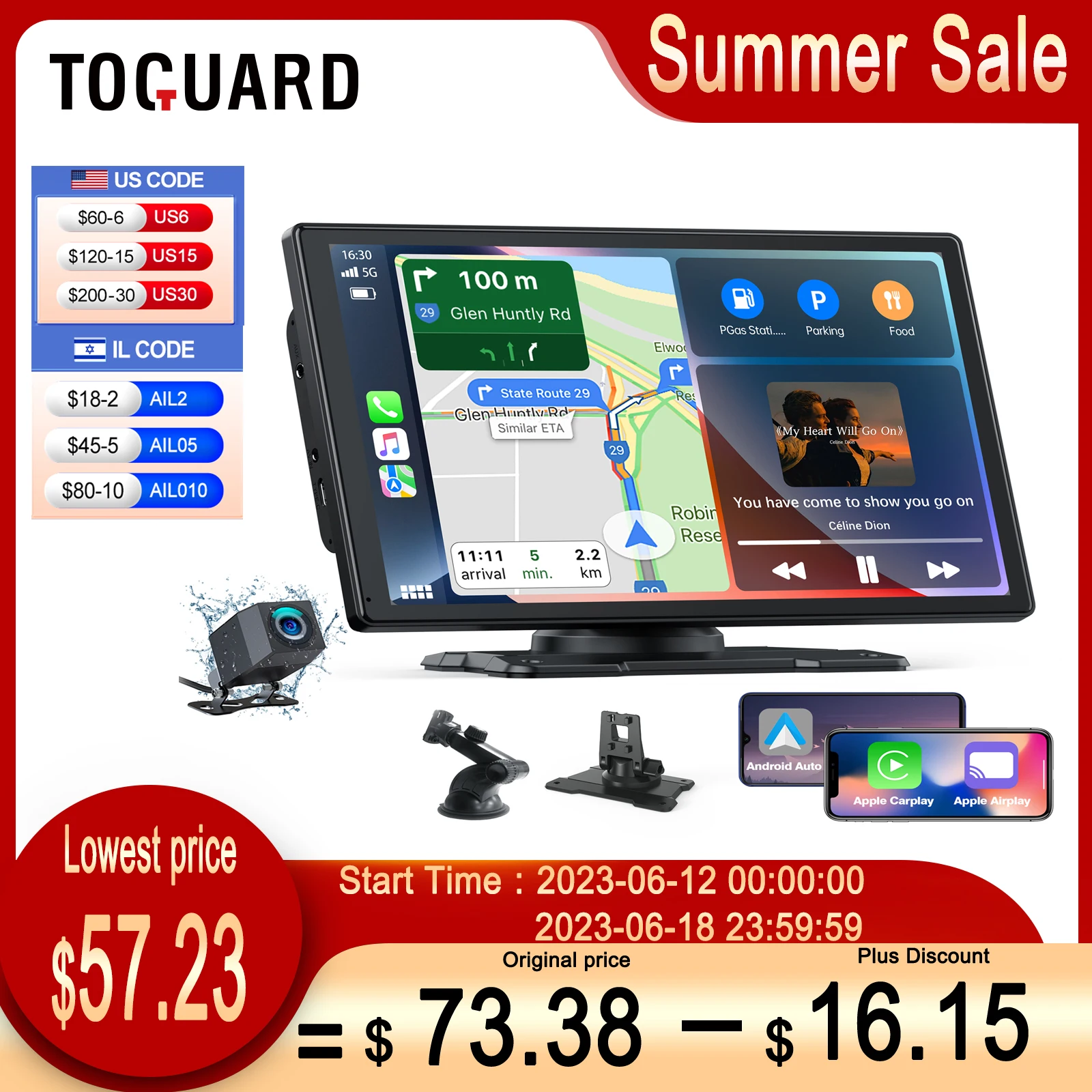 TOGUARD 9" Wireless Carplay Apple&Android Auto Multimedia Player Display HD Touch Screen GPS Wifi FM Radio（Free Reverse Camera）