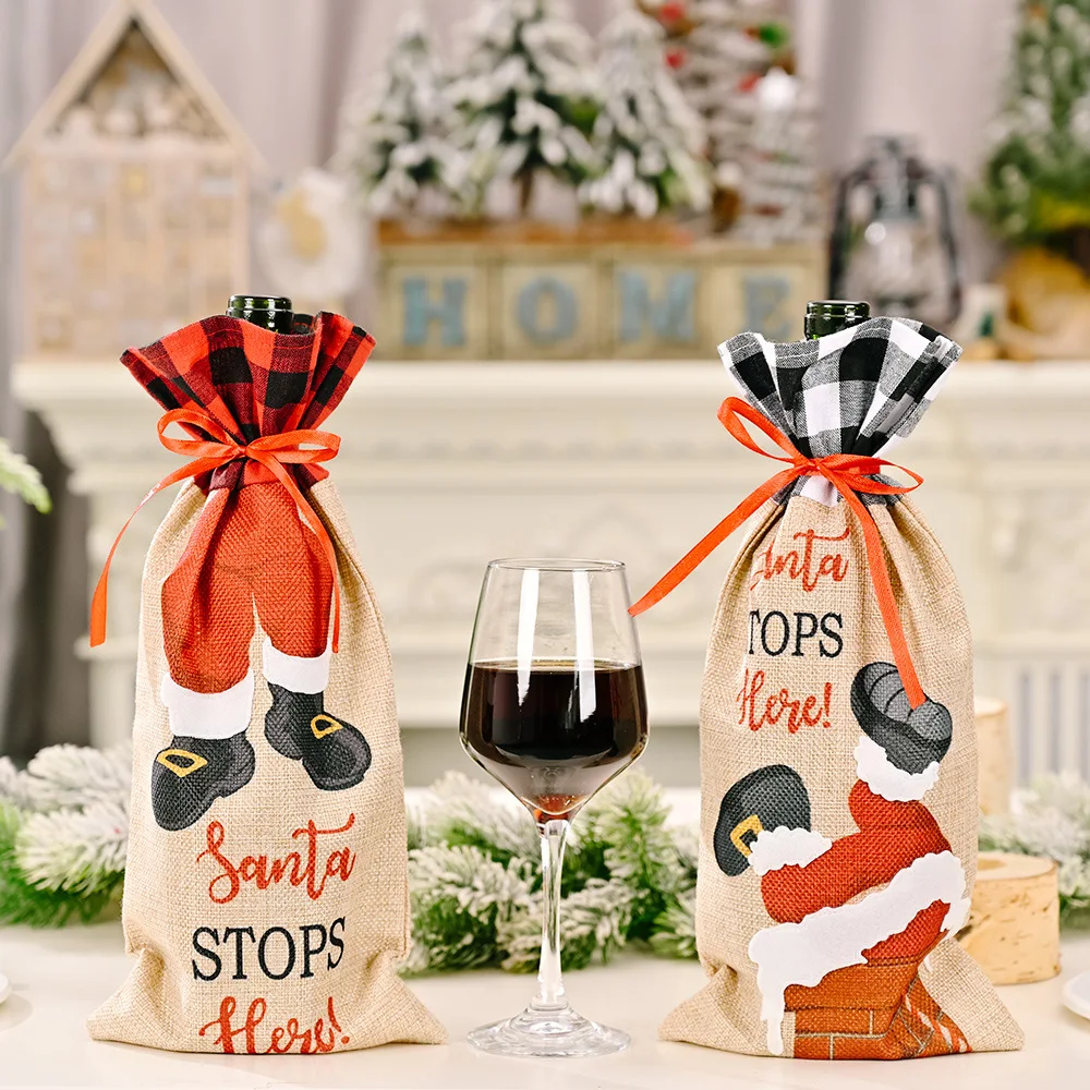 

1/2pc Natual Linen Wine Bottle Cover with Festival Christmas Santa Printing Bottles bag Creative Dinning room party dinner decor