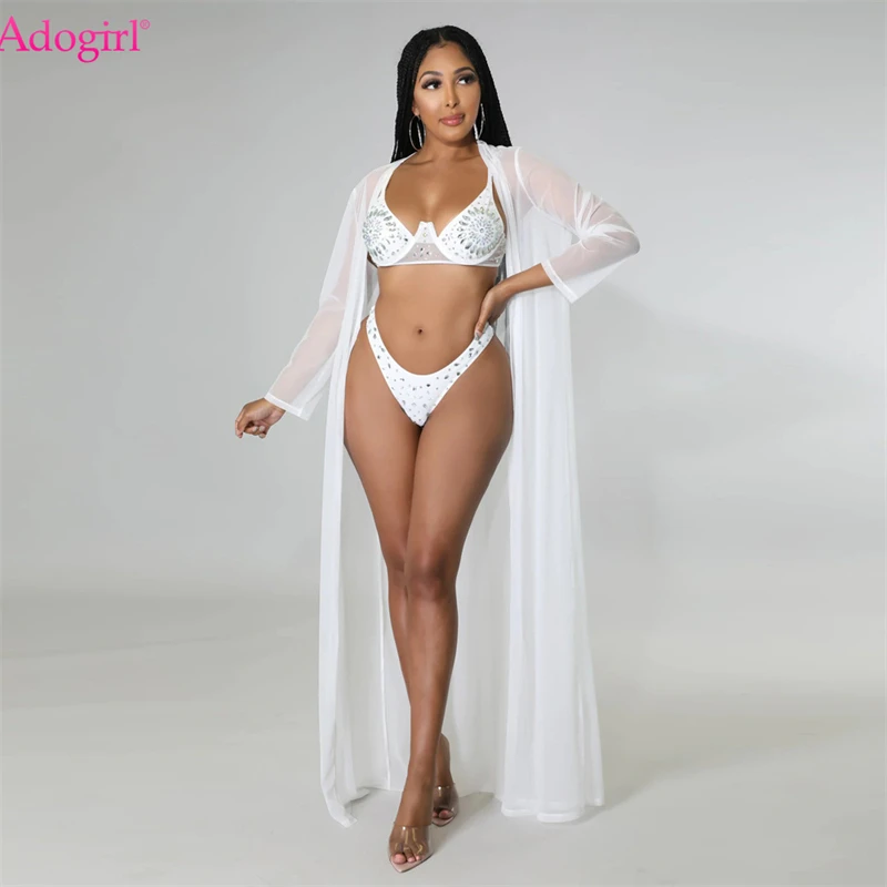 Adogirl Diamonds 3 Piece Set Women Sexy Beach Suits Full Sleeve Extra Long Sheer Mesh Cardigan Cover Ups Bra Top Thongs Swimsuit