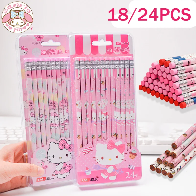 

Sanrio Hello Kitty Pencil 18/24pcs Kawaii Stationery School Students Writing Painting Tools With Eraser Exam Supplies Wholesale