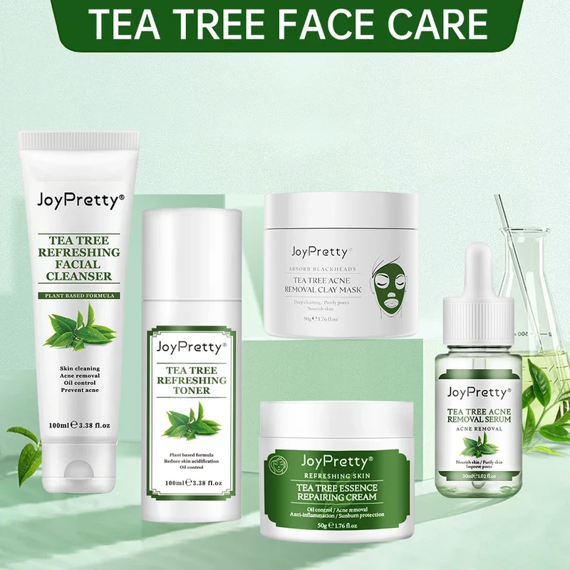 

JoyPretty Acne Treatment Tea Tree Oil Serum Face Skin Care Kit Lightening Moisturizing Cream Facial Essence Cleanser Mask Set