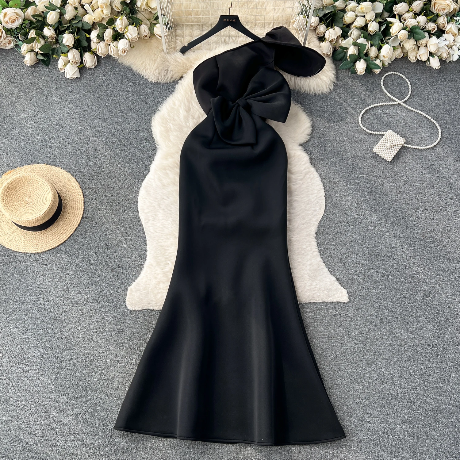 

Elegant Sexy Backless High Waist Bow Diagonal Collar Dress Summer Beach Vacation Vestidos Slim Women Party Trumpet Dress