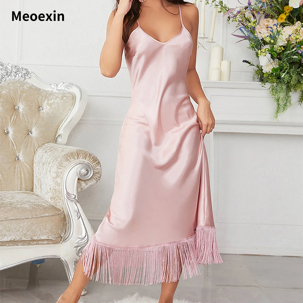 

Ice Silk Sleeping Dress Women's High Quality Vertical Tassel Suspended Dress 2023 New Soft Silk Home Furnishing Satin Pajamas