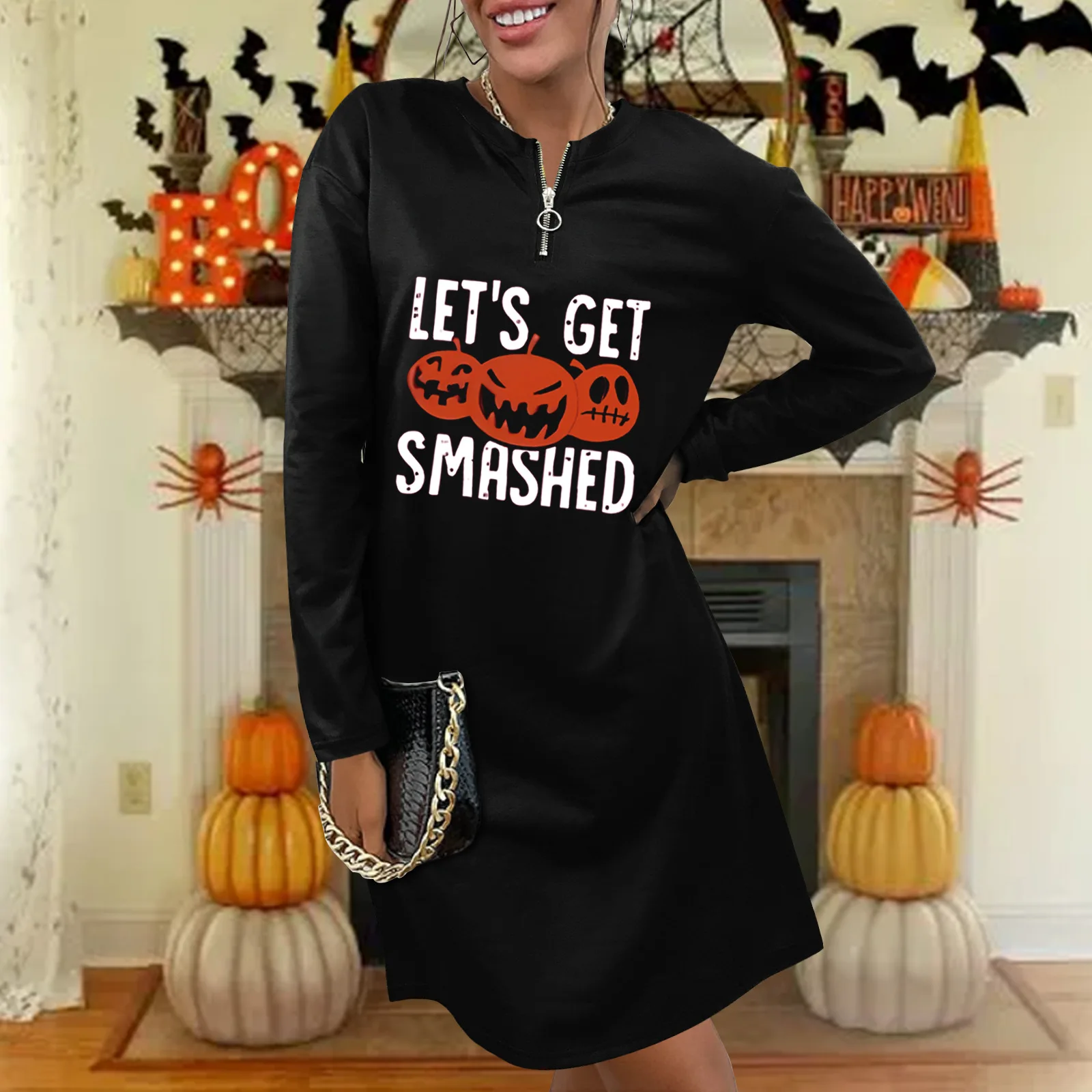 

Женские осенние Топы, новинка, Повседневная Блузка с принтом тыквы на Хэллоуин, платье с длинным рукавом