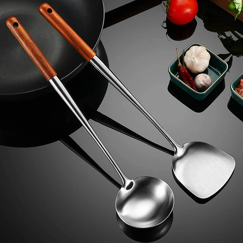 Espátula de acero inoxidable para cocina, juego de herramientas de hierro y cucharón, Wok, accesorios esenciales