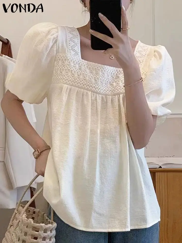 

VONDA Summer Lace Shirt 2023 Women Fashion Short Puff Sleeve Elegant Blouse Casual Solid Color Tunic Tops Patchwork Loose Blusas