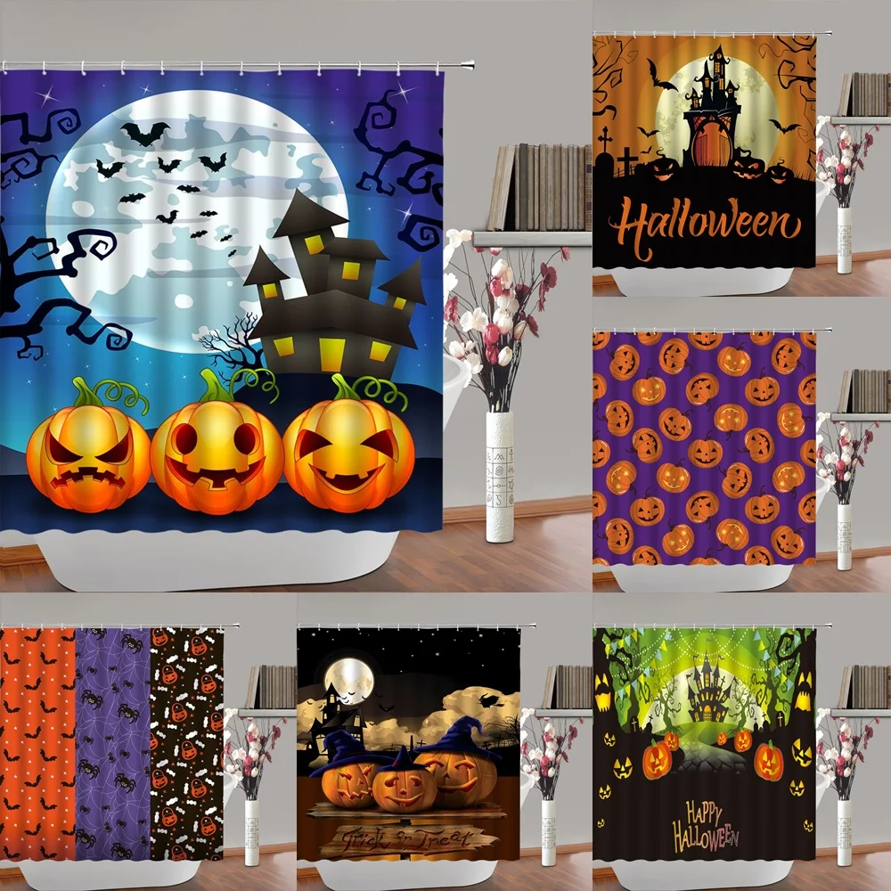 

Мультяшная душевая занавеска на Хэллоуин для ванной комнаты, Декор, триллер, дом, паук, тыква, летучие мыши, ведьма, шляпа, занавеска для ванн...