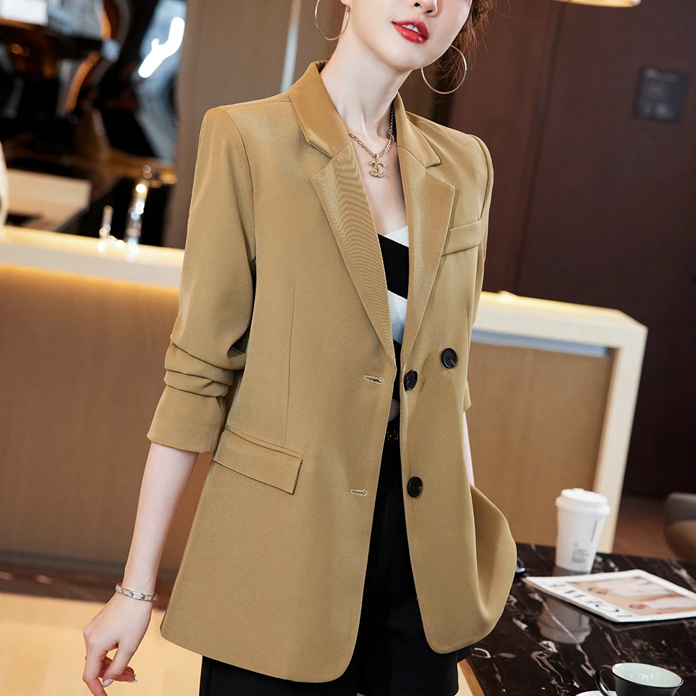 

2022 New Elegant Autumn Winter Women Green Khaki Chic Blazers Coat Female Outerwear Office Lady Jacket Workwear Tops