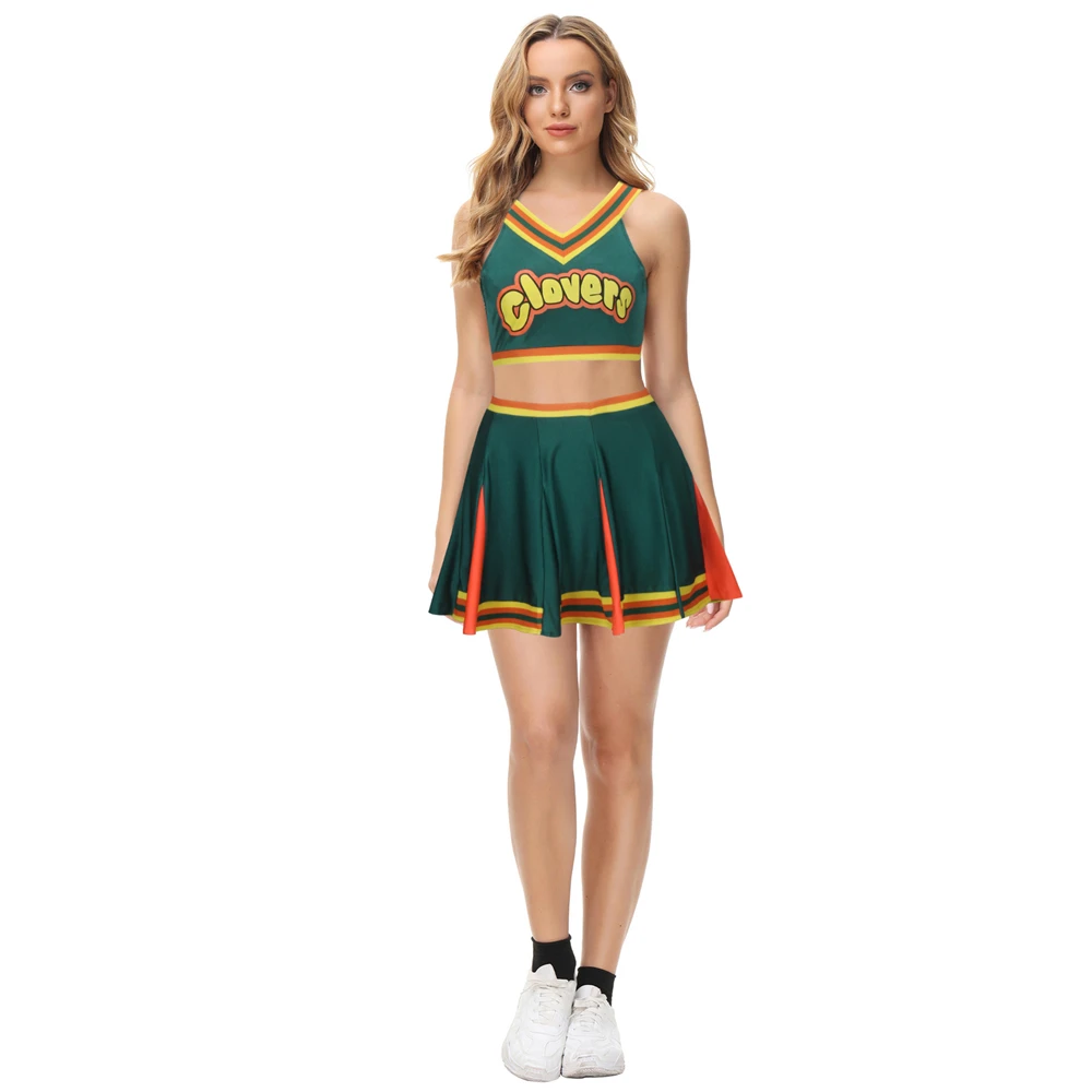 

Dark Green Clovers Printed Cheerleader Uniform Bring it On Cheerleading Outfits Fancy Ball Dress Tank Top Mini Skirt for Girls