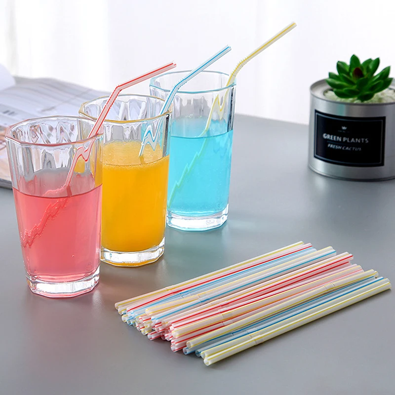 

200 Pcs Disposable Plastic Drinking Straws Multicolor Striped Plastic Straws