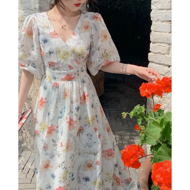 

2022 Summer Floral Printed Dress Retro Half Sleeve V-Neck Vintage A-Line Bandage Women Dresses Chic Korea Fashion Sweet Vestidos