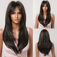 long straight synthetic wigs brown with highlight wigs with bangs for women cosplay daily natural hair wig heat resistant fiber