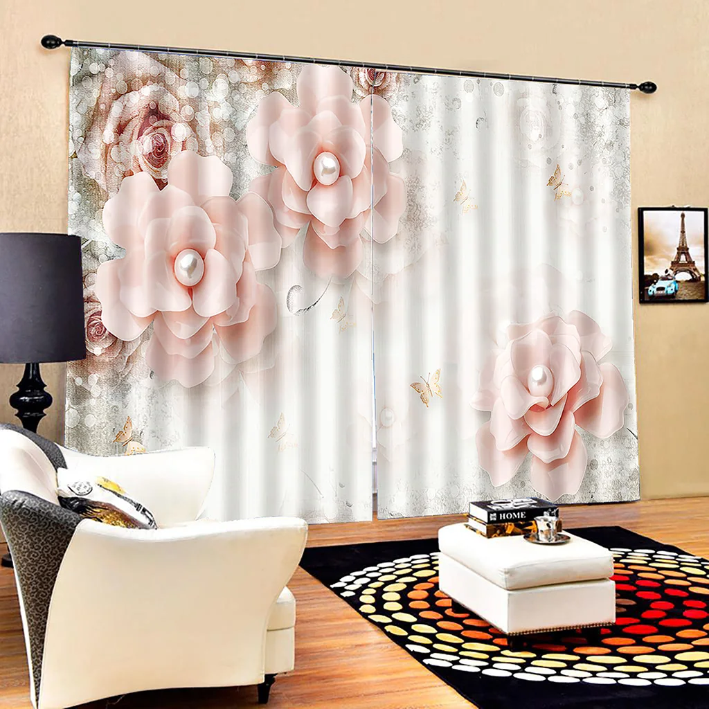 

Red White Rose Flower Diamond Gold 3D Design Luxury Two Thin Window Curtains for Living Room Bedroom Home Decor Free Shipping