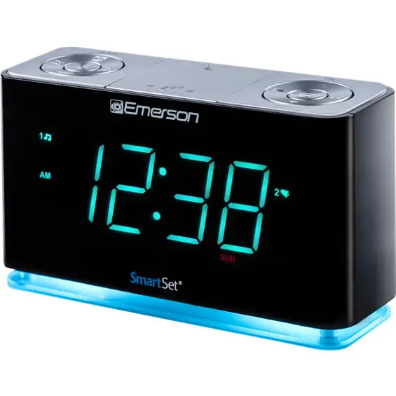 

SmartSet Alarm Clock Radio with Bluetooth Speaker, USB Charger for iPhone and Android, Night Light, and Cyan LED Display Alarm c