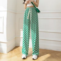 2022 summer new checkerboard plaid wide leg pants womens summer loose high waist all match casual sports mopping pants