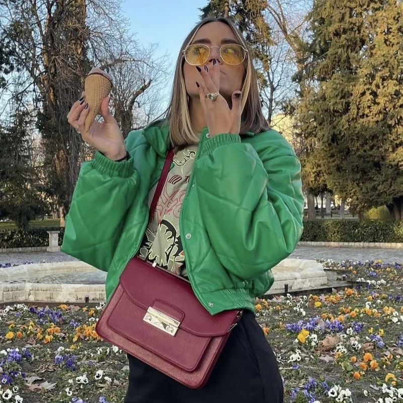 Casual Quilted Button-Up Faux Leather Winter Jacket Women Long Sleeve Top Green Pu Cotton Coat Streetwear New In Outerwears