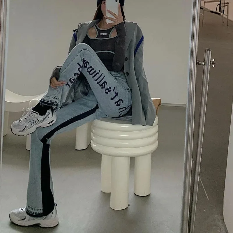 Women Fashion Letter Print Streetwear Denim Pants 2023 Casual Pant Female High Waist Loose Straight Jeans Wide Leg Trousers Pop