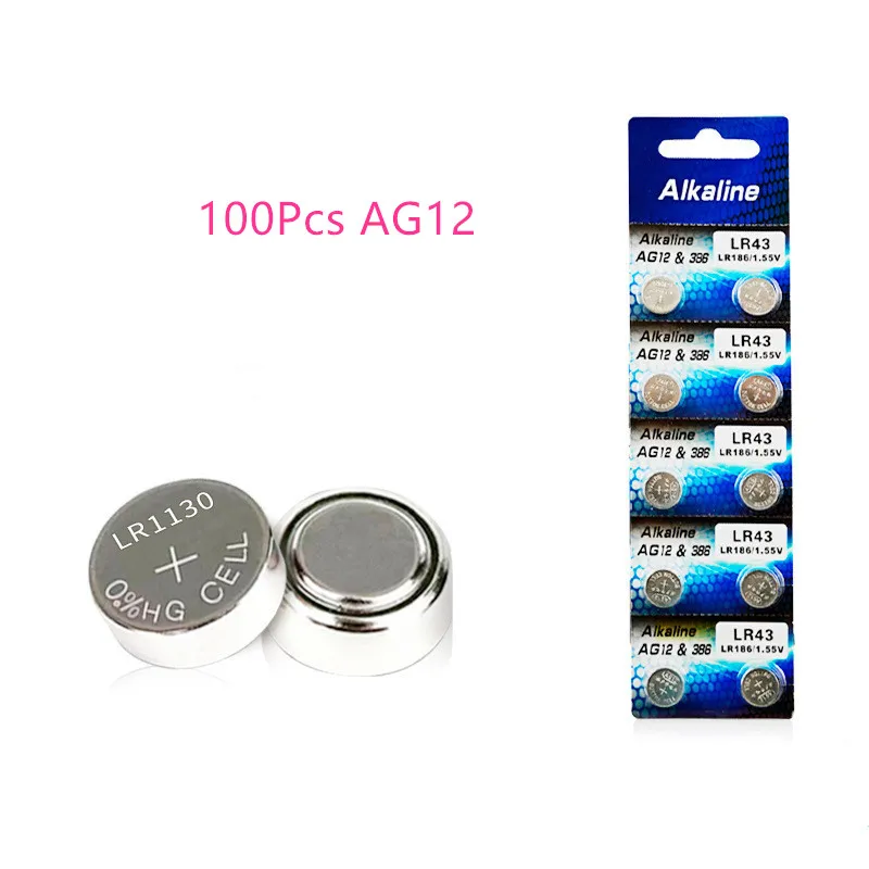 

100 шт., щелочные батарейки LR43 AG12 186 1,5 в, 386 SR1142 LR1142 SR43