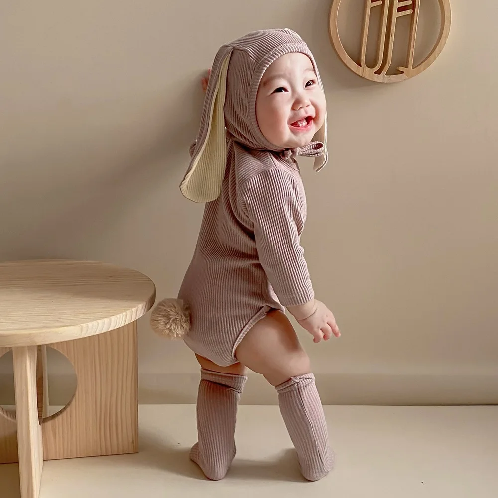 

Newborn Baby Romper Infant Clothing Set 3Pcs Long Sleeve Threaded Jumpsuit Rabbit Ear Hat Socks Cotton Bodysuit Outfit