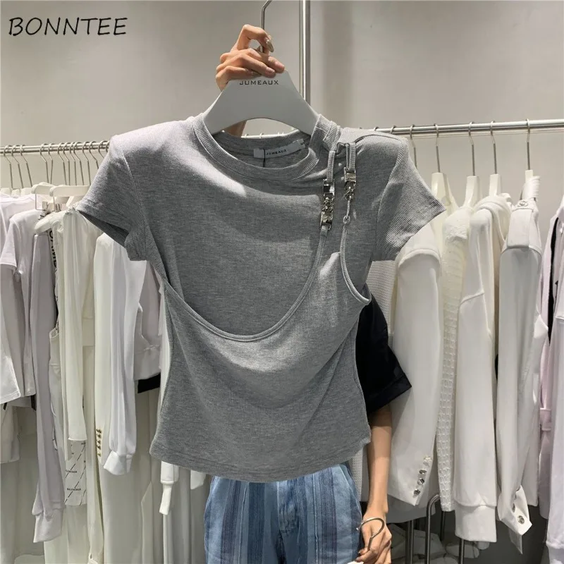 

Fake 2 Pcs T-shirts Women Gray Fashion Slim Chic Summer Causal New Hotsweet Short-sleeve All-match Korean Style Girlish Elegant