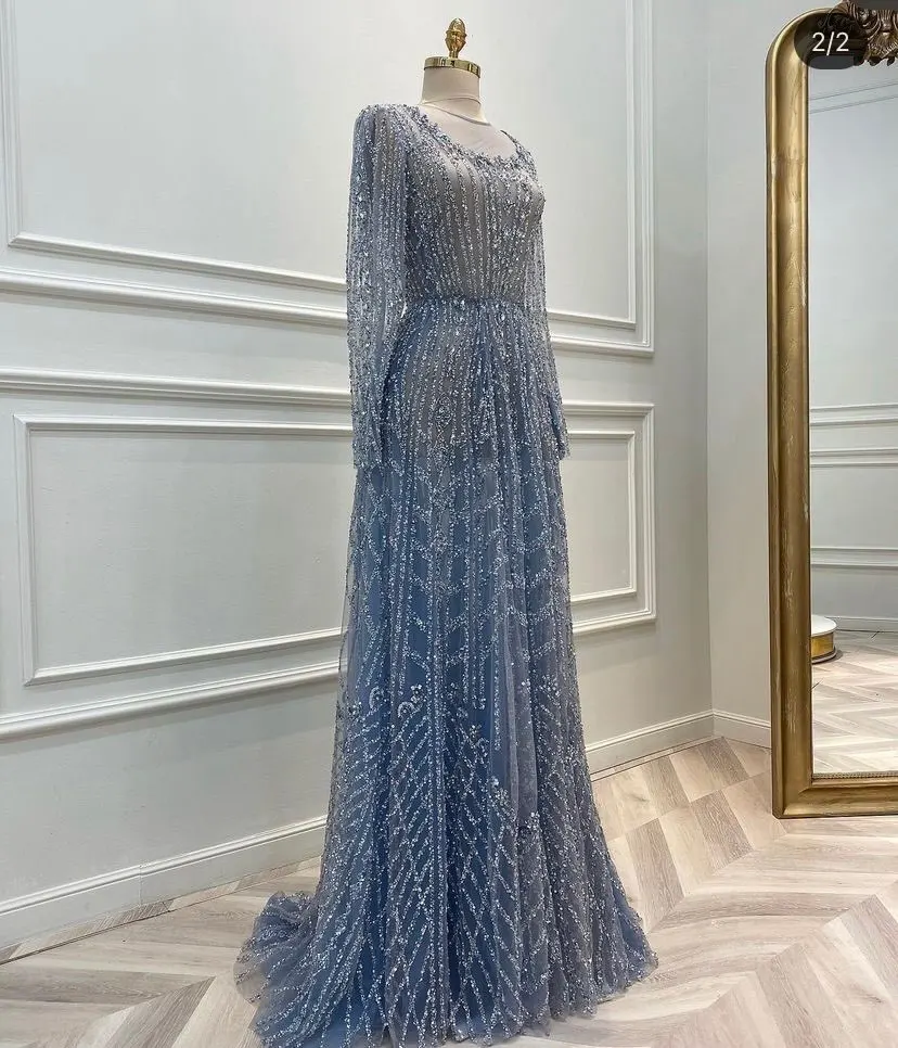 

Verngo Shiny Blue Sequin Lace Long Sleeves Evening Dressses Sheer Neck Floor Length Dubai Women Exquisite Formal Prom Dress