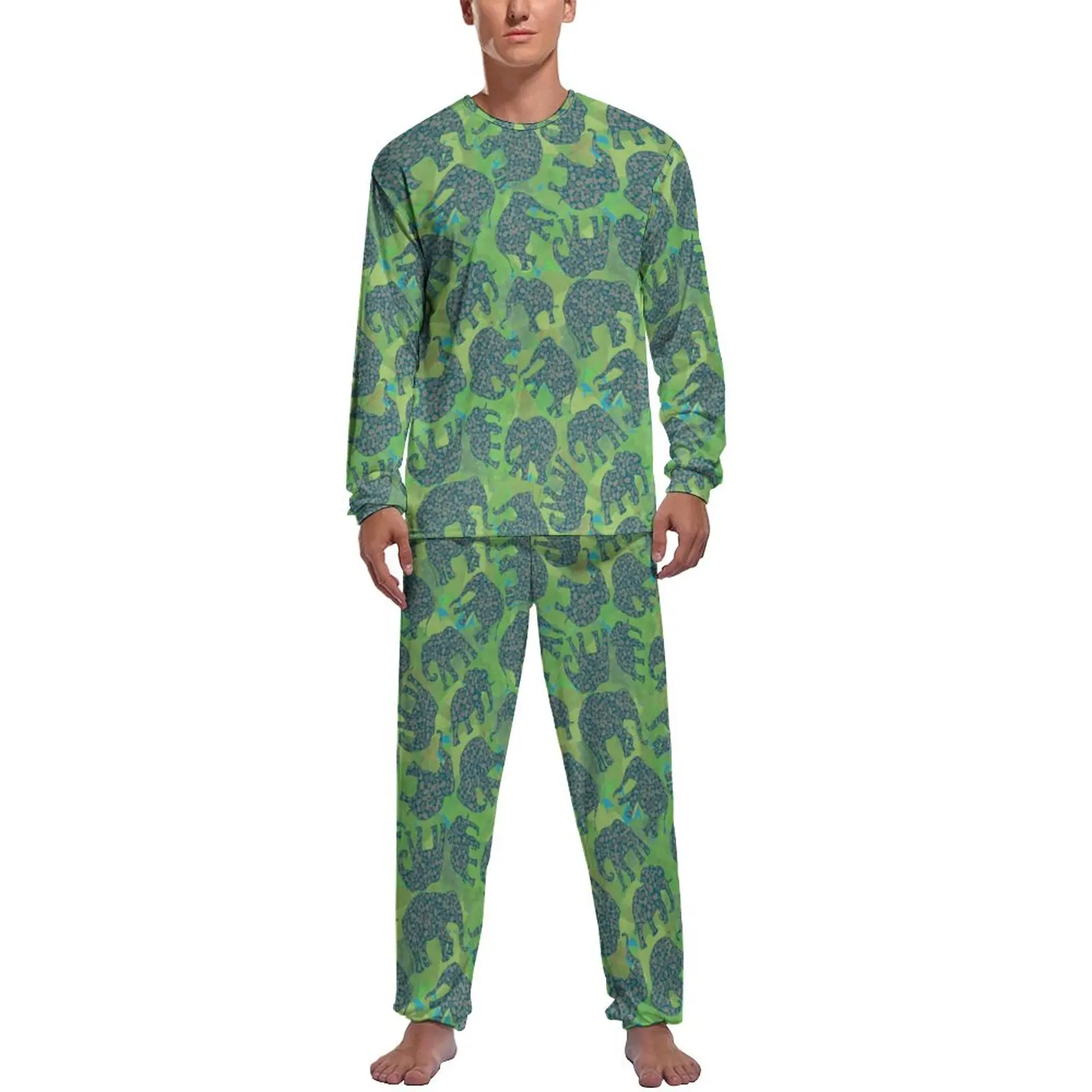 Cute Paisley Elephant Pajamas Autumn Green Jungle Leaves Bedroom Nightwear Men 2 Pieces Graphic Long Sleeve Cute Pajama Sets