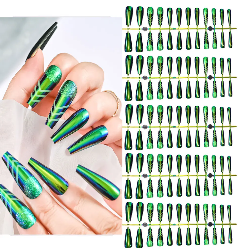 

120pcs Mirror Coffin Fake Nails Chameleon Green Press on Nails Full Cover UV Gel Nails Extension System Artificial False Nails