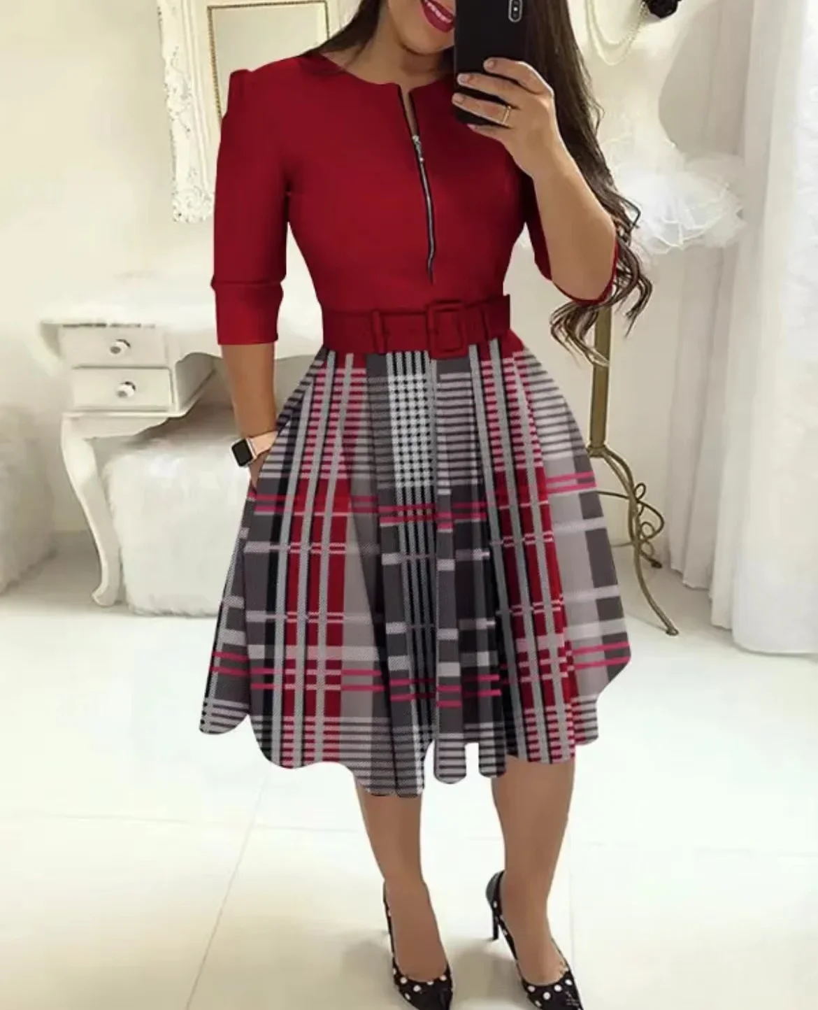 Осеннее модное платье трапециевидной формы с поясом на молнии и принтом женское